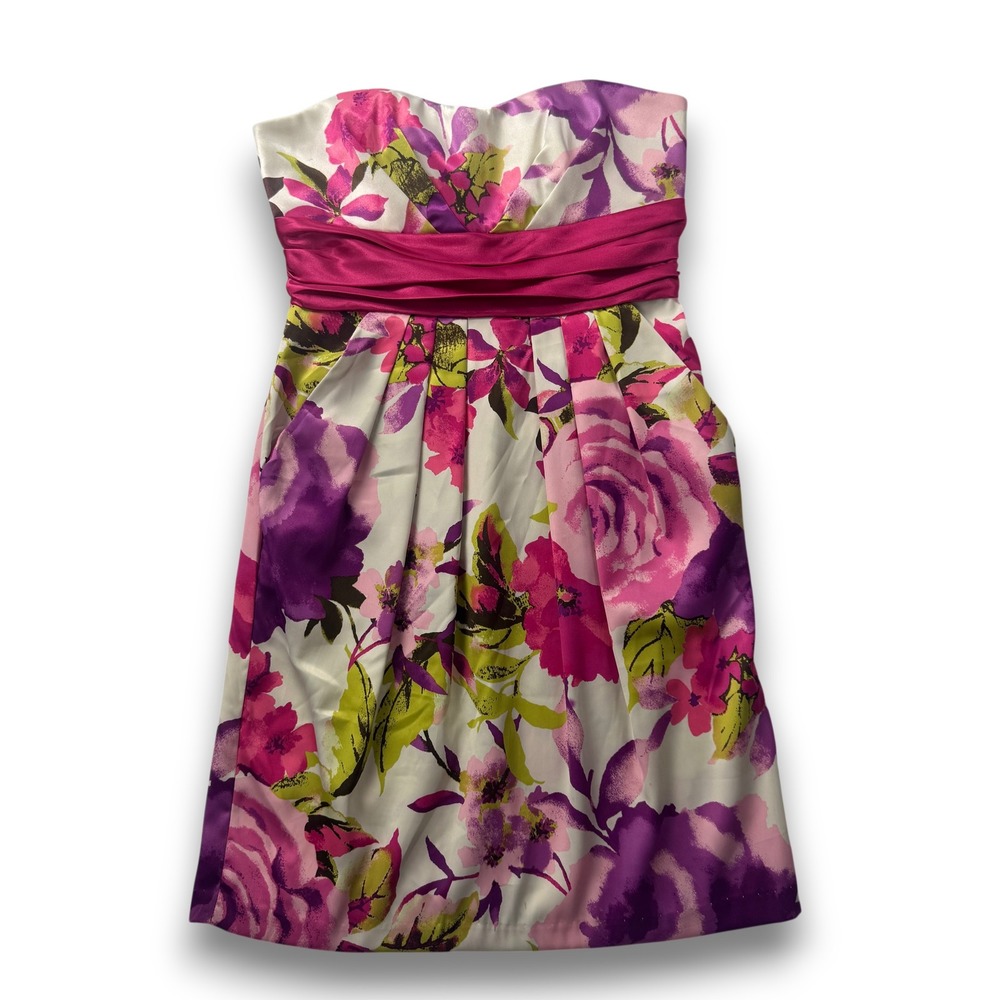 Jodi Kristopher Strapless Floral Satin Cocktail Dress Pockets Pink Purple 5/6